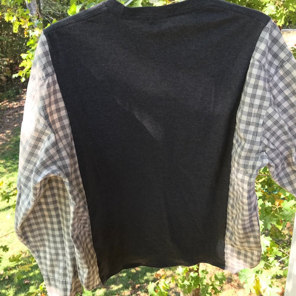Upcycled Reworked Graphic T-Shirt, Saxophone Theme Plaid Shirt, Size S - M - Picture 7 of 12